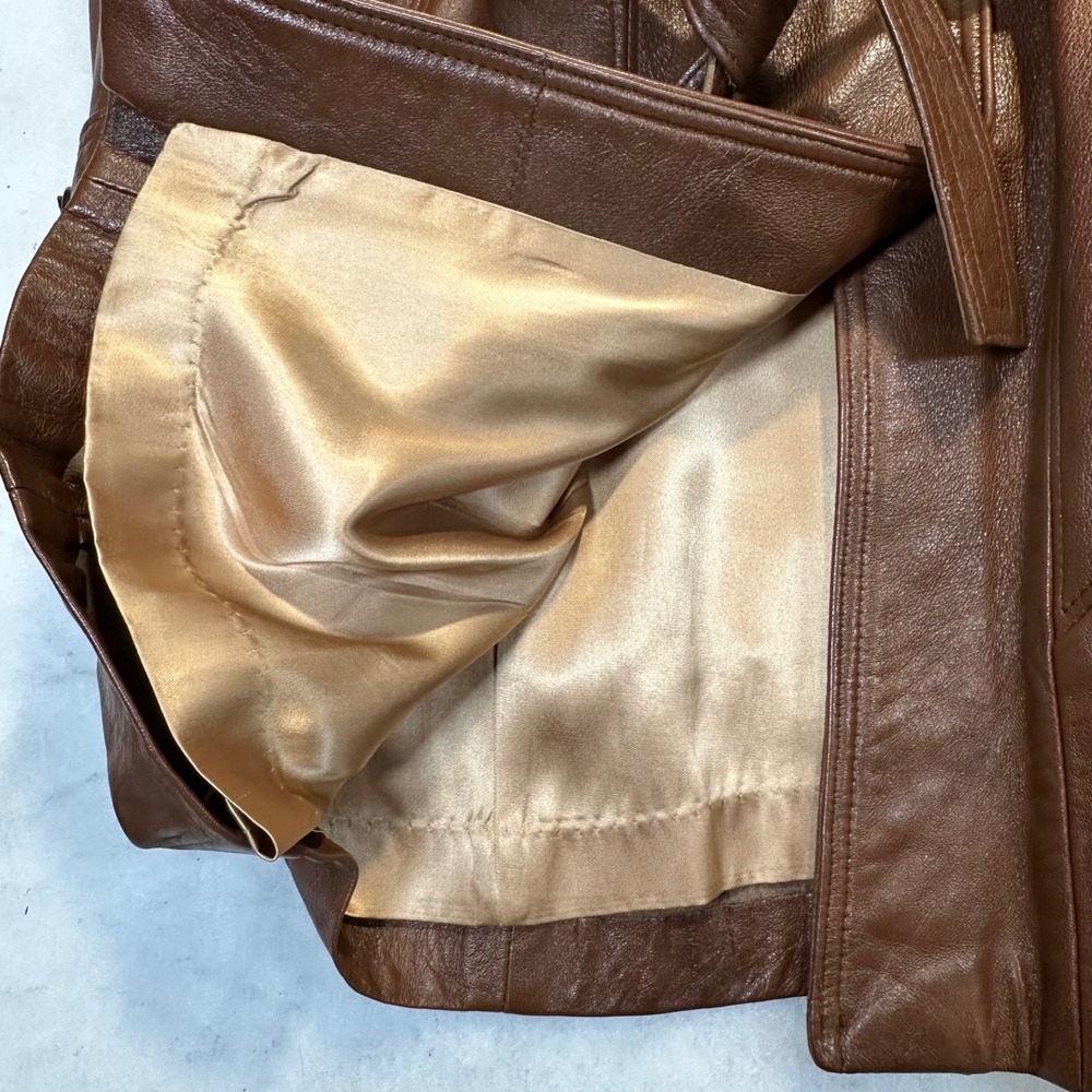 Garfin Leathers Trench Coat Womens 18 Brown Vintage 70s Boho Leather Jacket - Picture 5 of 15